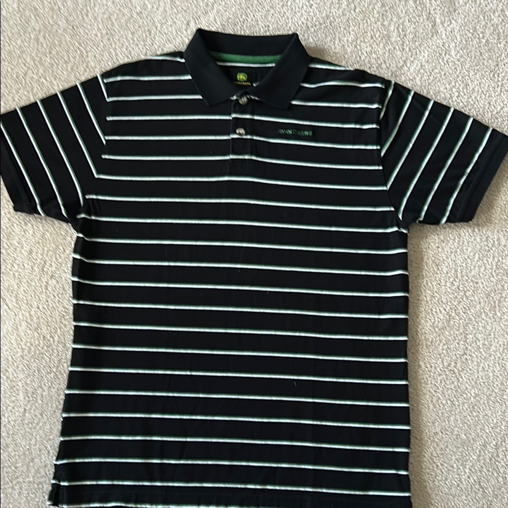 John Deere Black, Green and White Striped Polo Shirt